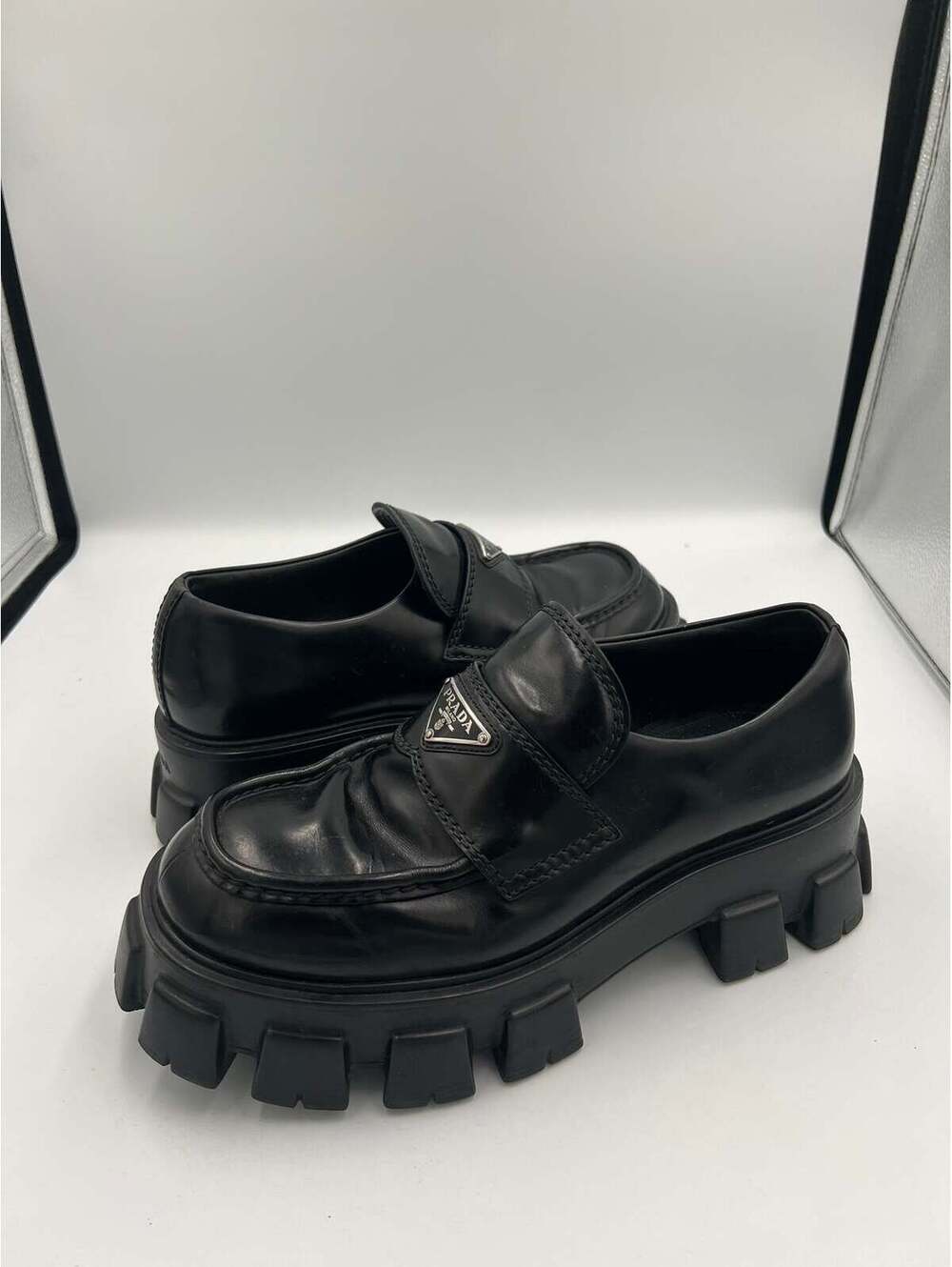 Prada Monolith Loafer Black Brushed Leather Authentic Size 41